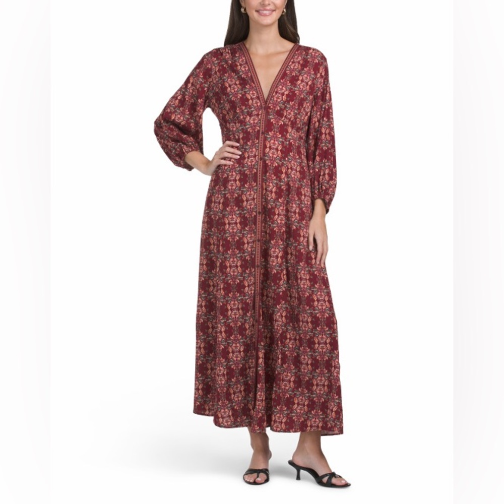 Max Studio Women’s 3/4 Sleeve Burgundy Printed Maxi Dress with V-Neck